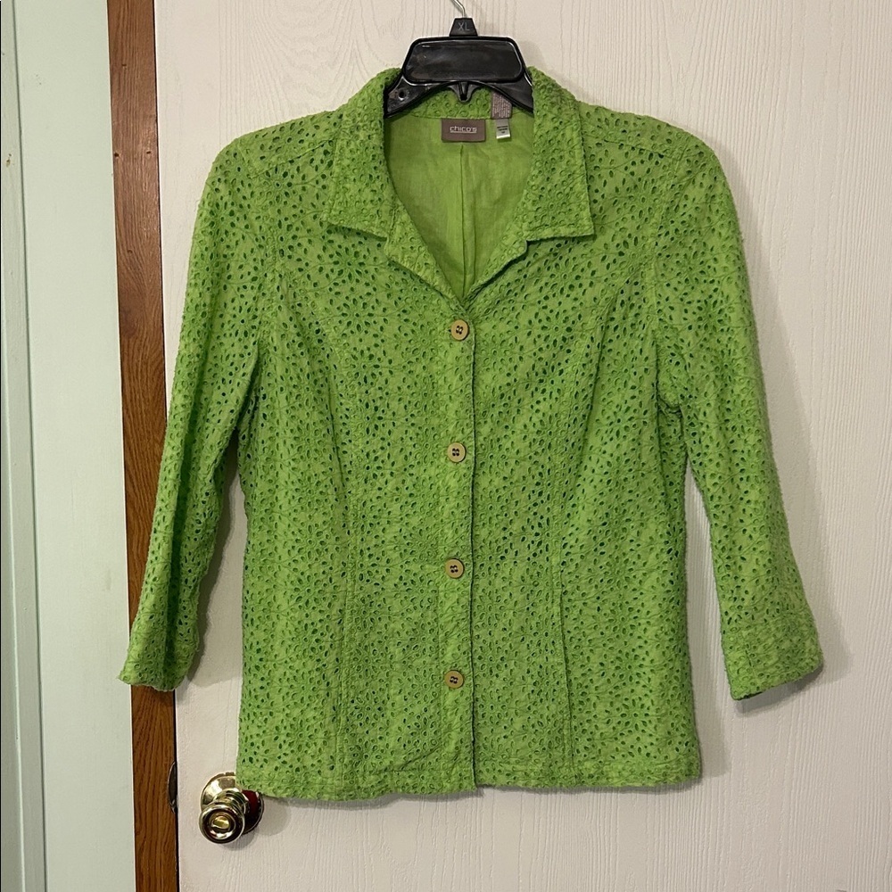 Chico's Women’s Green Button Front Eyelet Jacket Size 2